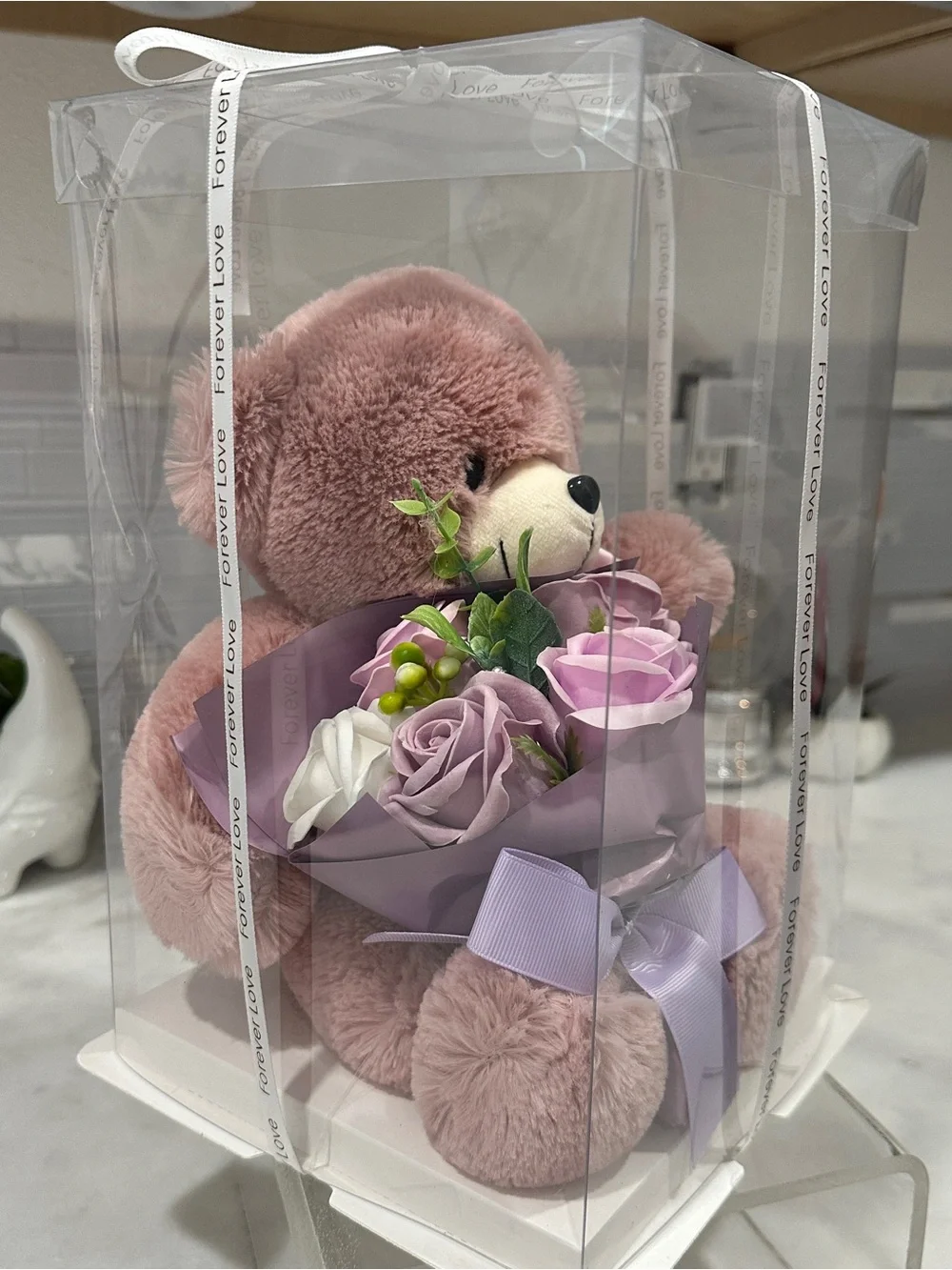 Plush Teddy Bear with Silk Flower Bouquet – New Sealed